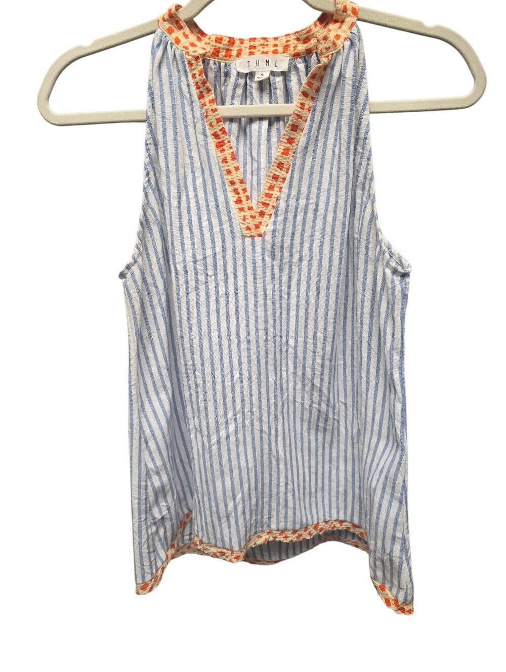 THML Blue and White Striped Tank with Orange Floral Trim Sz. S